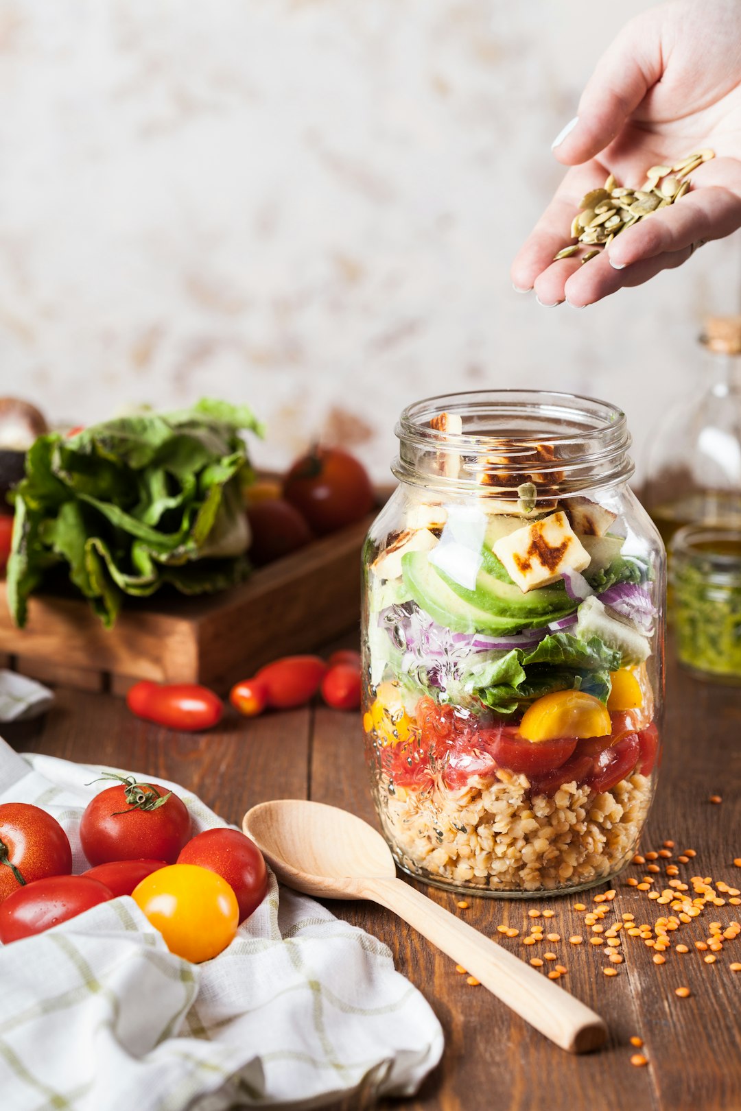 Home Lentil salad with fried cheese in a jar